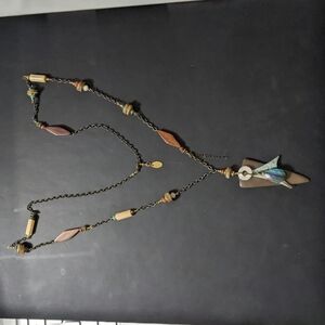 Chipita Artisan Wood Bead Mixed Media Neutral Tones Long Statement Necklace